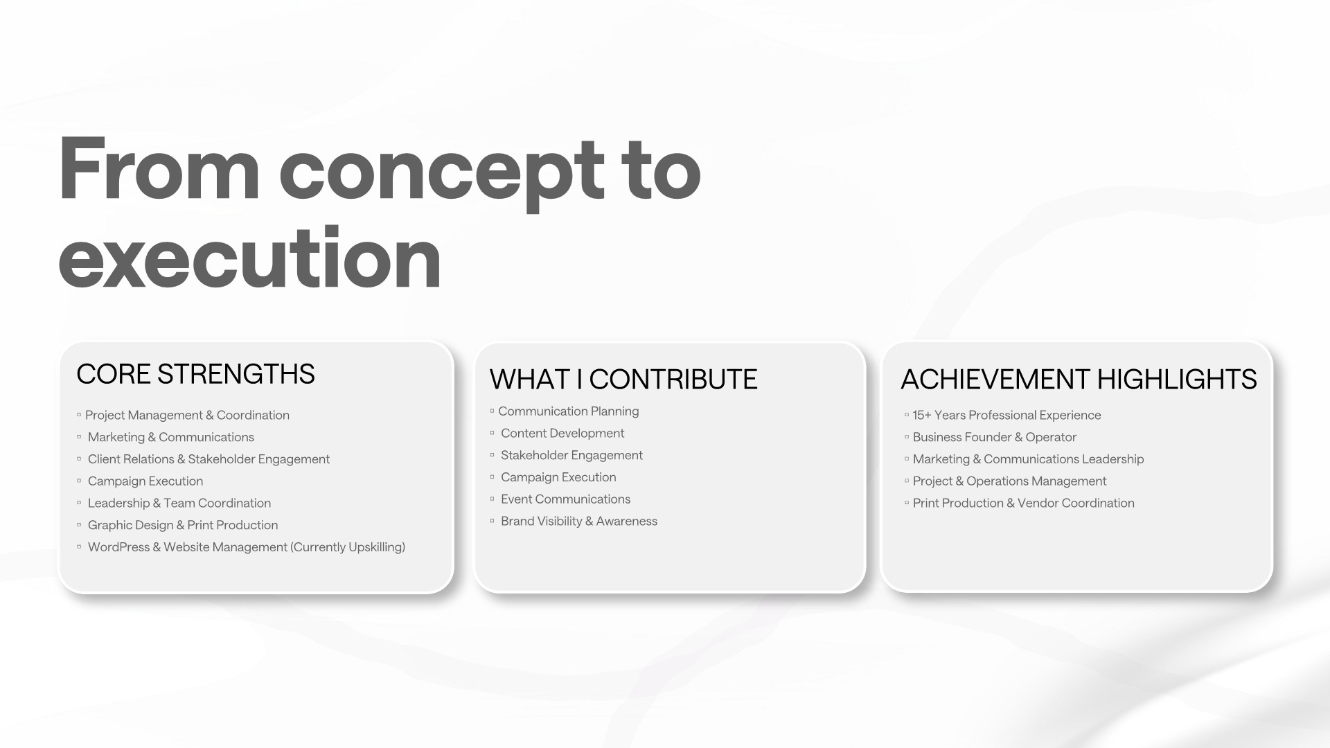 Core Strengths, What I Contribute, Achievement Highlights